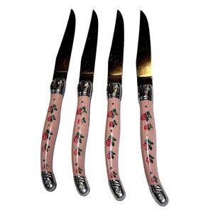 Vintage Jean Bubost Laguiole Pink Floral Stainless 4 Steak Knives Made in France